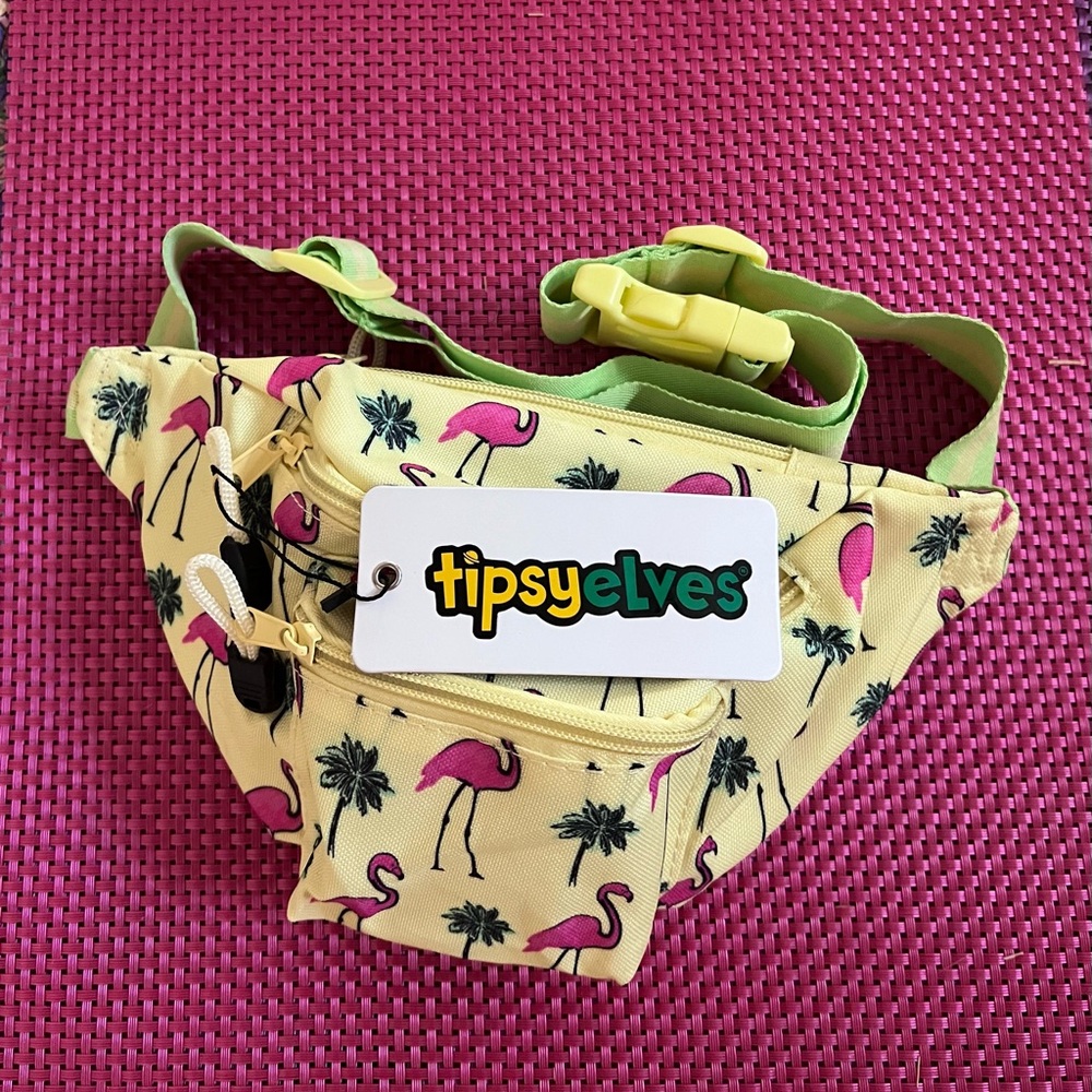 TIPSY ELVES Tropical Flamingo Belt Bag Bright Yellow, Green w Pink Flamingos NWT